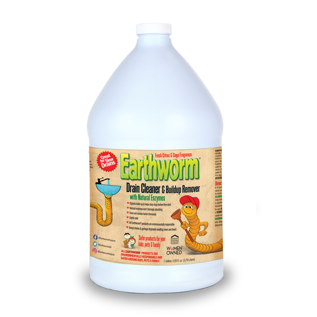 Earthworm 32oz and 64oz enzyme drain cleaner sizes side by side