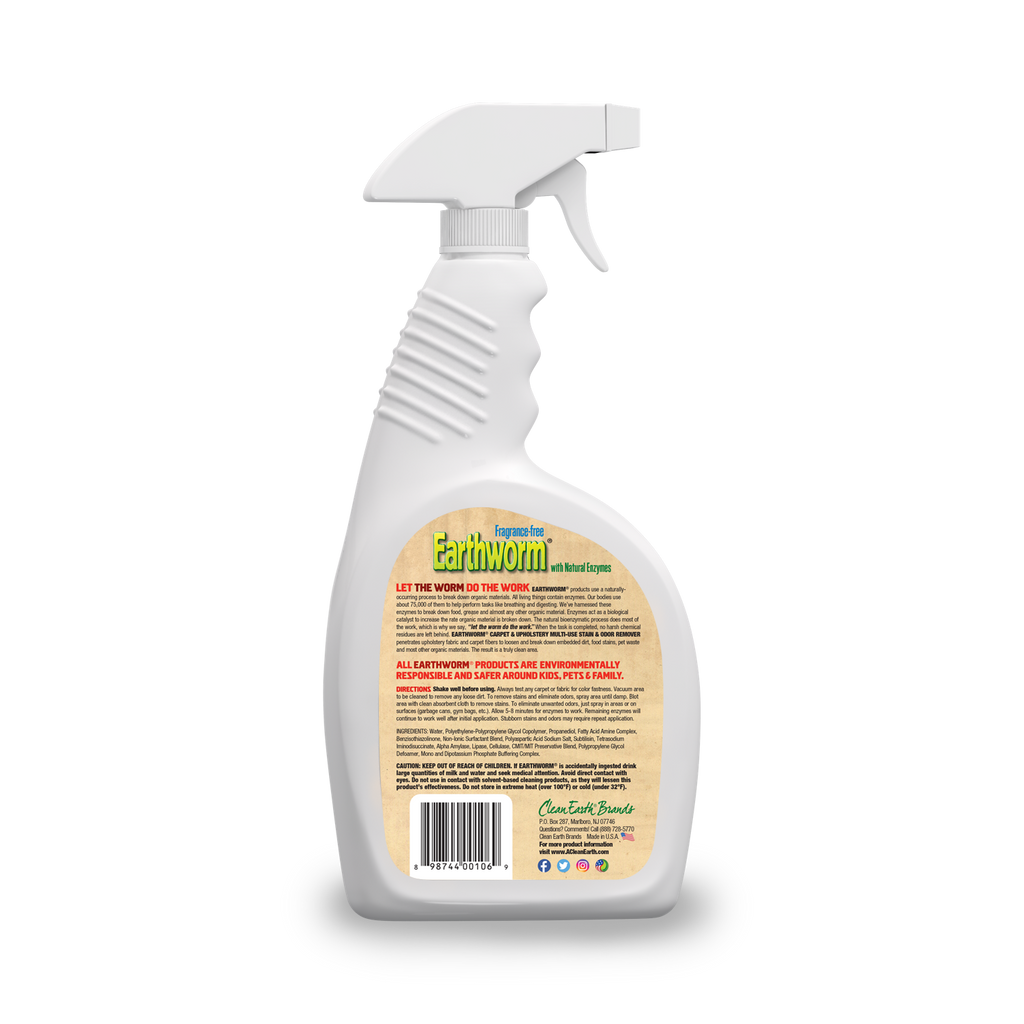 Earthworm carpet and upholstery cleaner being sprayed on upholstered chair
