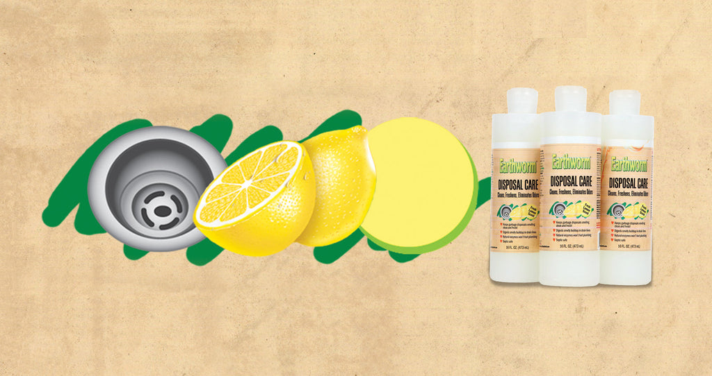 Sliced lemons and a garbage disposal drain illustration beside three bottles of Earthworm Disposal Care