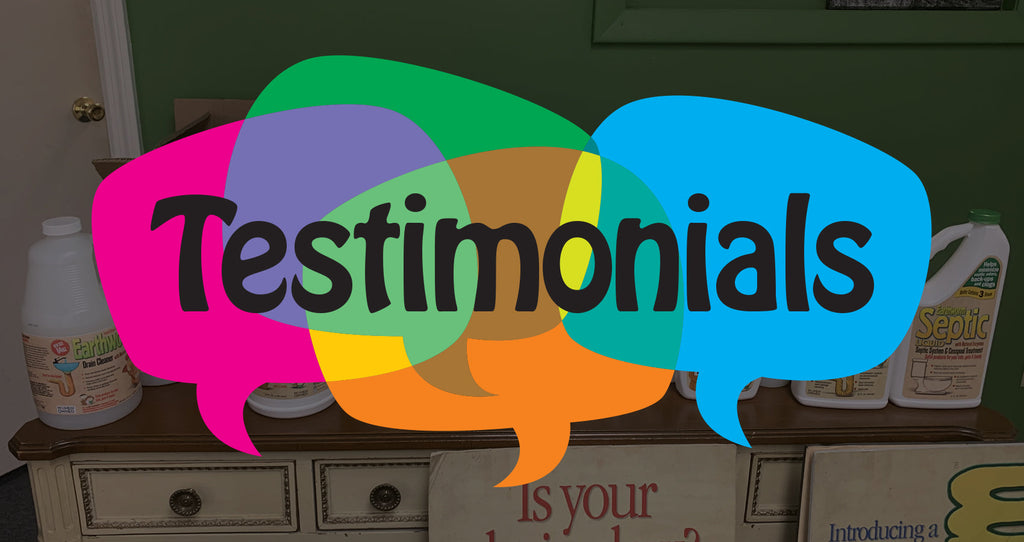 The word Testimonials in colorful speech bubbles over a display of Earthworm products