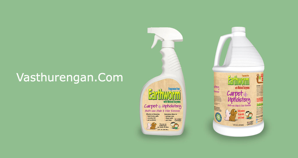 Earthworm Carpet and Upholstery Cleaner spray bottle and gallon jug on a green background